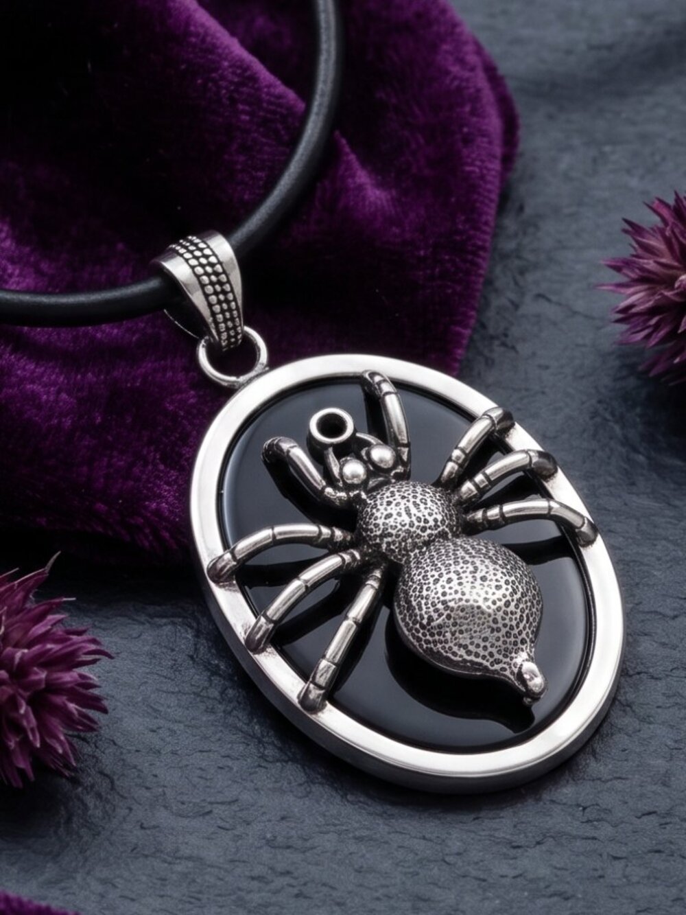 Spider Pendant Necklace 925 Sterling Silver Black Onyx 3D Whimsigoth Leather 18"